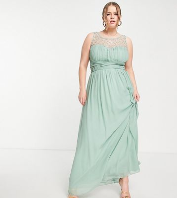 Little Mistress Plus high neck embellished maxi dress in sage-Green