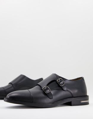 Walk London Oliver monk strap shoes in black leather-Brown