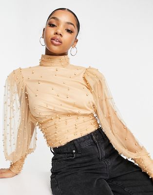 ASOS LUXE organza puff sleeve embellished top in blush-Pink