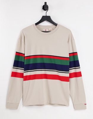 Levi's red tab logo stripe long sleeve top in cream/red/green-Neutral