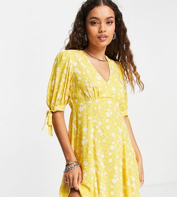New Look Petite v neck tie sleeve mini dress in yellow floral