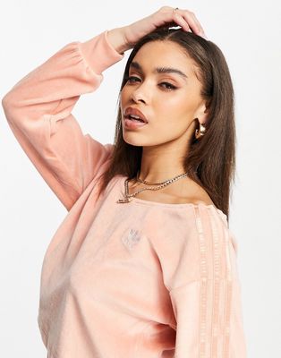 adidas Originals 'Relaxed Risque' velour off the shoulder sweatshirt in blush-Pink