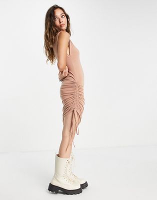 Noisy May Exclusive ruched body-conscious mini dress in camel-Neutral