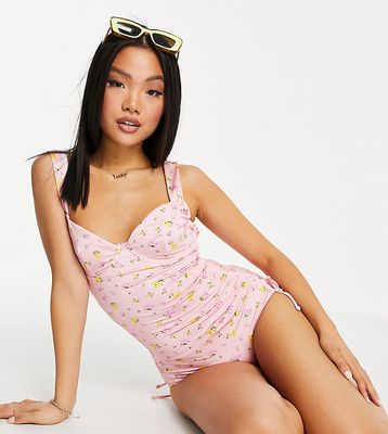 ASOS DESIGN petite ruched underwired swimsuit in pink garden floral print-Multi