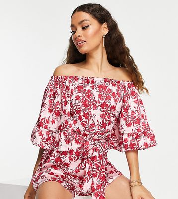 River Island petite satin floral off-the-shoulder ruffle sleeve romper in pink
