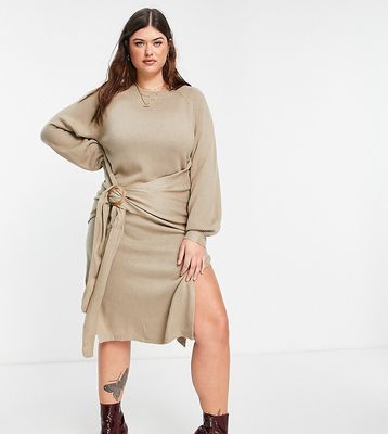 In The Style Plus x Lorna Luxe slit front belt detail midi dress in stone-Neutral