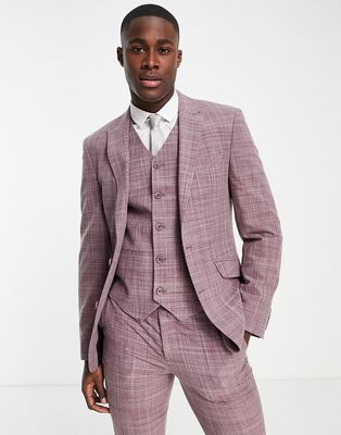 ASOS DESIGN wedding skinny suit jacket in burgundy crosshatch-Red