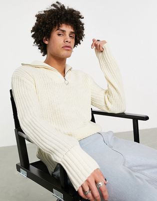 Jack & Jones Originals oversized chunky knit quarter zip sweater in off-white