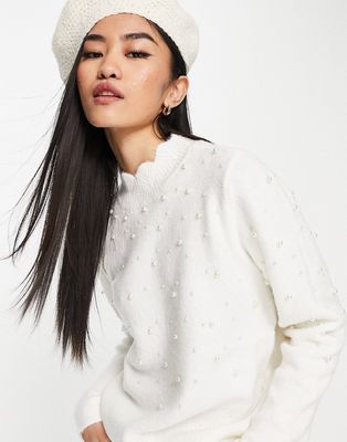 Pieces high neck pearl detail scallop sweater in cream-White