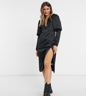 Collective the Label exclusive plunge thigh slit midi dress with oversized sleeves in black