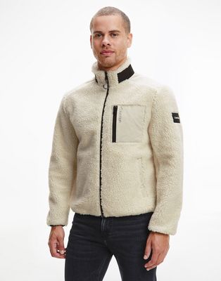 Calvin Klein hybrid teddy fleece zip through jacket in stone-Neutral