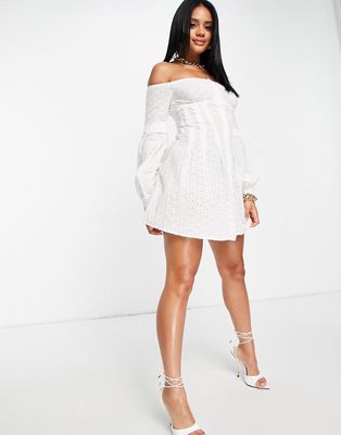 Femme Luxe off shoulder embroidered cotton shirt mini dress in white