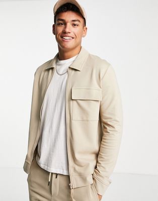Jack & Jones Premium jersey zip through jacket in beige - part of a set-Neutral