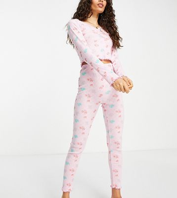 ASOS DESIGN Petite floral print pointelle long sleeve top & legging pajama set with frill hem in pink
