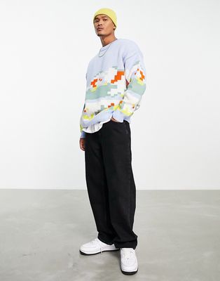Topman oversized knitted crew neck sweater with all over digital print in multi