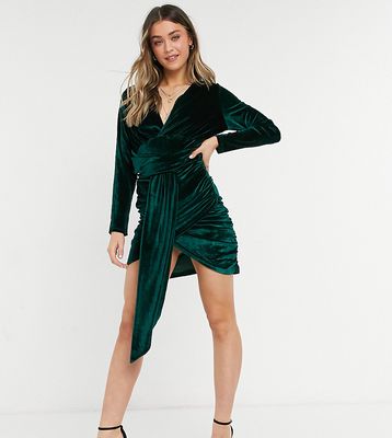 In The Style exclusive velvet tie front ruched mini dress in emerald green