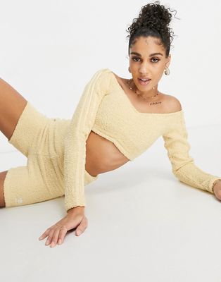 adidas Originals Relaxed Risqué fluffy knit ruched cropped long sleeve top in beige-Neutral