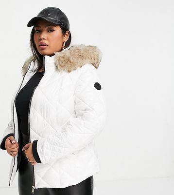 River Island Plus padded puffer jacket with faux fur hood in white