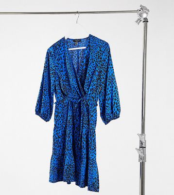 New Look Tall wrap mini dress in blue leopard print-Blues