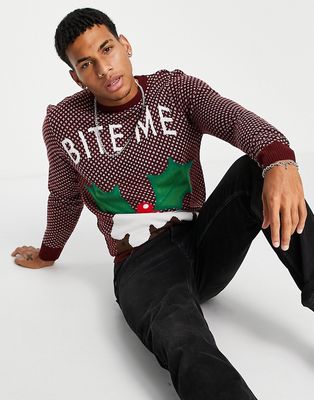 Another Influence festive print sweater in burgundy-Red
