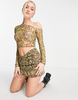 Pull & Bear retro print skirt with ring detail in green