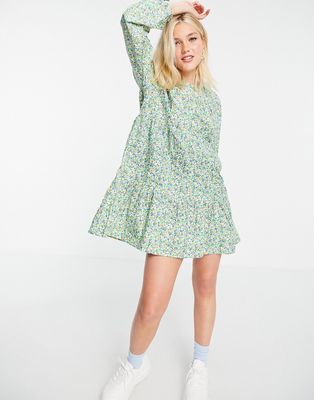 Influence long sleeve printed cotton mini dress in cute floral print-Green