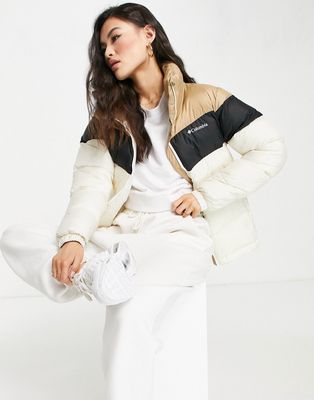 Columbia Puffect color block jacket in beige/black