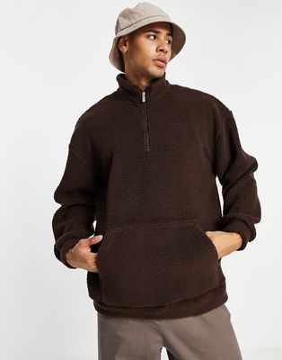 Only & Sons quarter zip fleece sweatshirt in brown