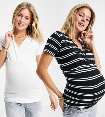 Mamalicious Maternity 2 pack nursing wrap front t-shirts in white and stripe-Multi