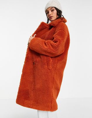 Monki sherpa coat in rust-Orange