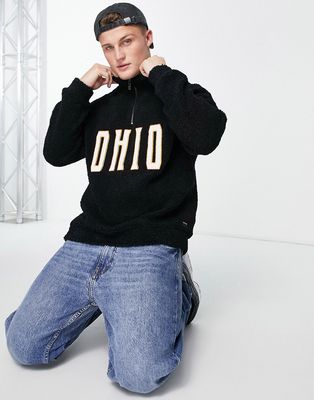 Only & Sons 1/4 zip sweatshirt with Ohio embroidery in black teddy-Multi