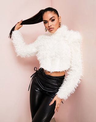 ASOS LUXE extreme shoulder fluffy knitted sweater in white