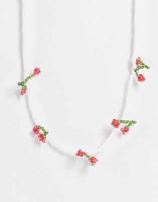 Pieces beaded cherry necklace in white