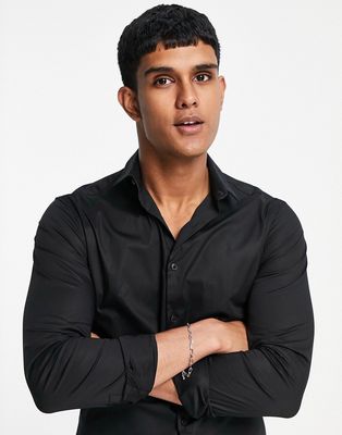 New Look long sleeve muscle fit poplin shirt in black