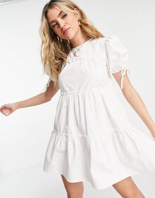 Influence tie sleeve tiered mini dress in white