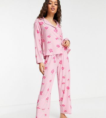 ASOS DESIGN Petite traditional viscose floral top & bottom pajama set in pink