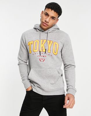 Only & Sons hoodie with Tokyo chest print in light gray melange