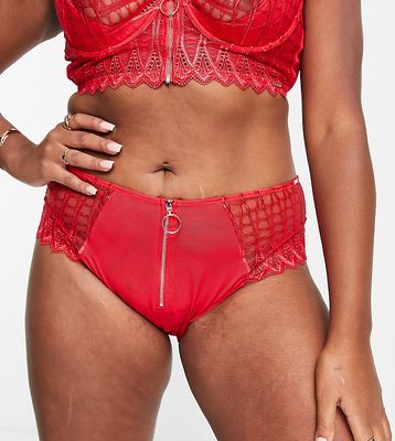 Figleaves Curve Taboo rope embroidered high waist brazilian brief with zip front detail in red
