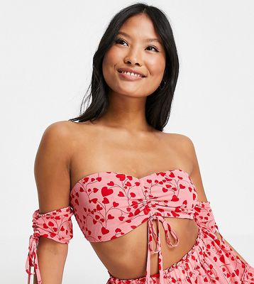 Missguided Petite heart print bardot crop top in pink - part of a set