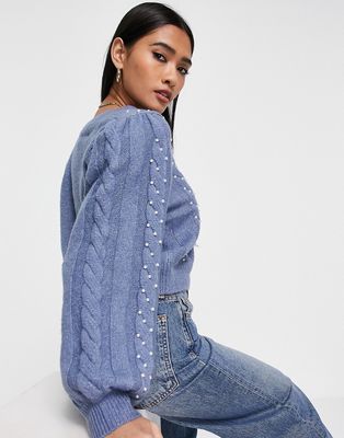 Fashion Union slouch v-neck sweater with pearl detail-Blues