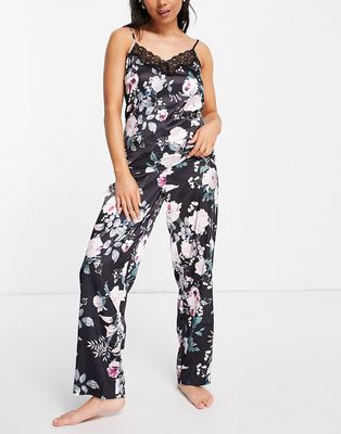 Lipsy cami & pants satin pajama set in black floral print-Multi