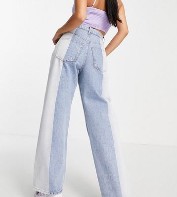 ASOS DESIGN Petite high rise 'relaxed' dad jean in two tone lightwash-Blues