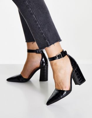 London Rebel pointed block heel shoes in black croc
