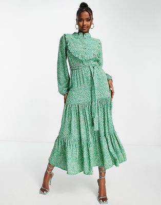 Trendyol tiered maxi dress with balloon sleeves in green floral