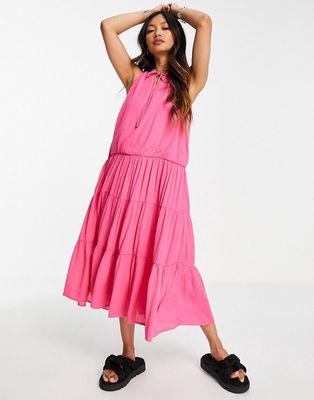 Y.A.S midi sleeveless dress with tie neck and tiered skirt in pink
