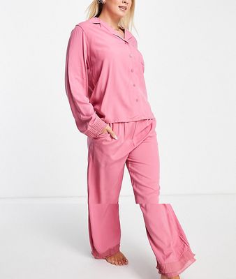 Night ruffle trim cotton pajama set in pink