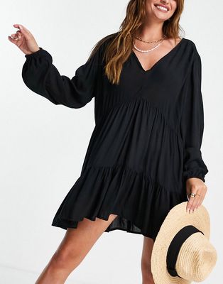 Esmee Exclusive mini tiered smock dress with long sleeve in black
