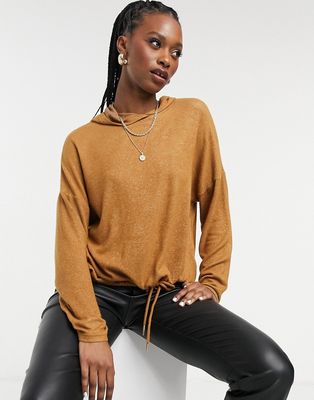 Only long sleeve boxy jersey hoodie top in brown