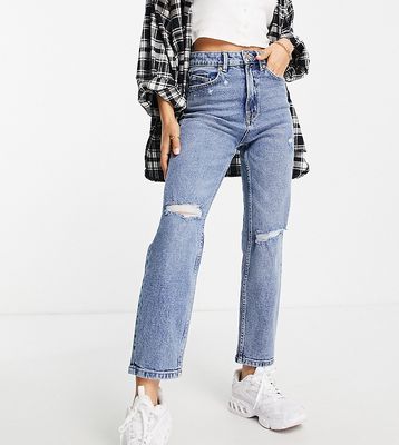 Stradivarius Tall slim mom jeans with stretch and rip in authentic blue-Blues