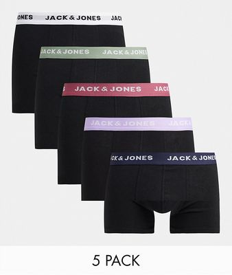 Jack & Jones 5 pack trunks with contrast waistband in black